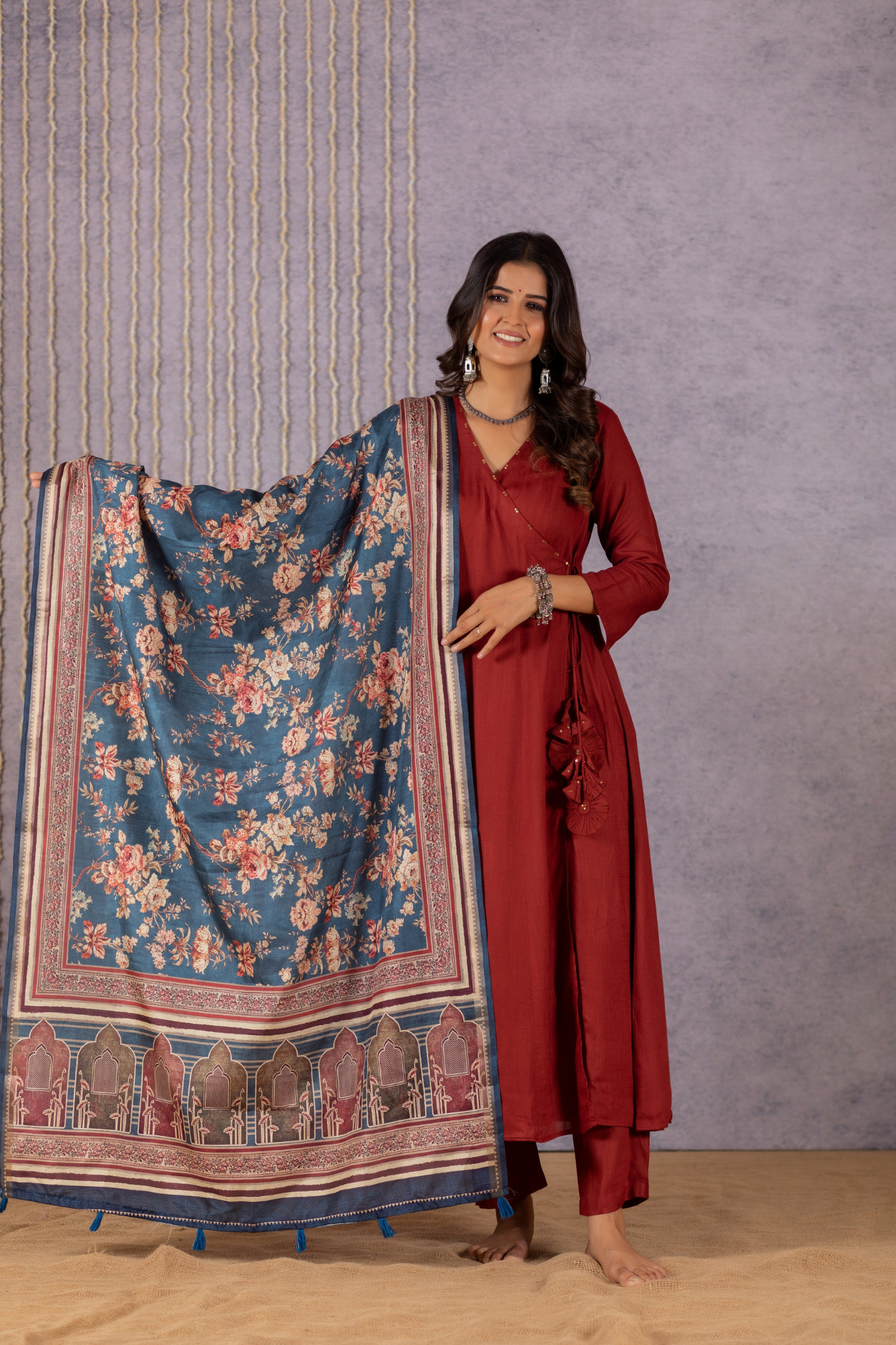 Elegant Maroon Floral Angrakha Suit Set by Sana