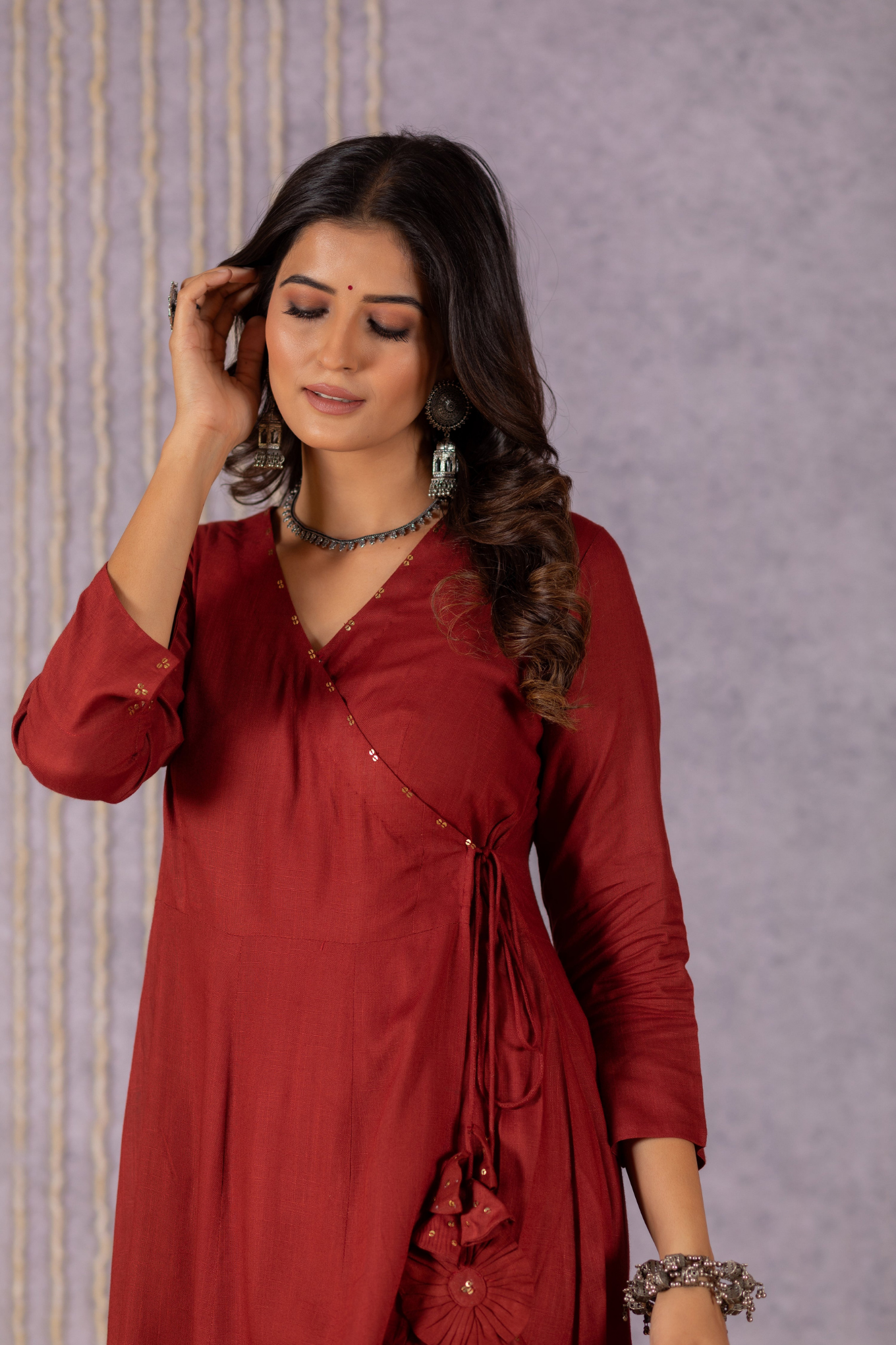 Elegant Maroon Floral Angrakha Suit Set by Sana - Image 2