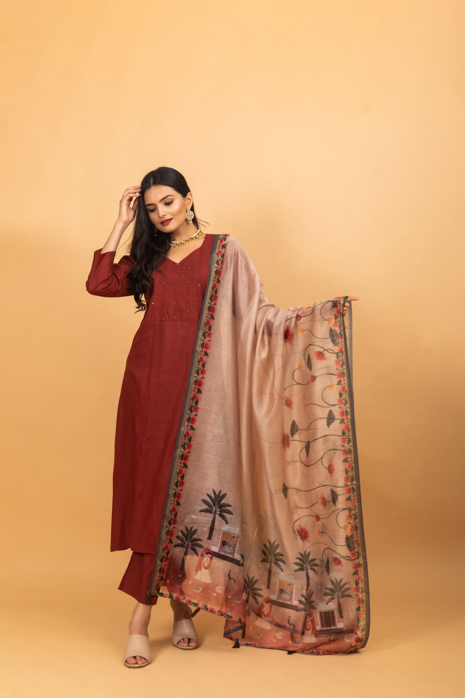 Elegant Maroon Pichwai Suit Set by Pankajini - Image 3