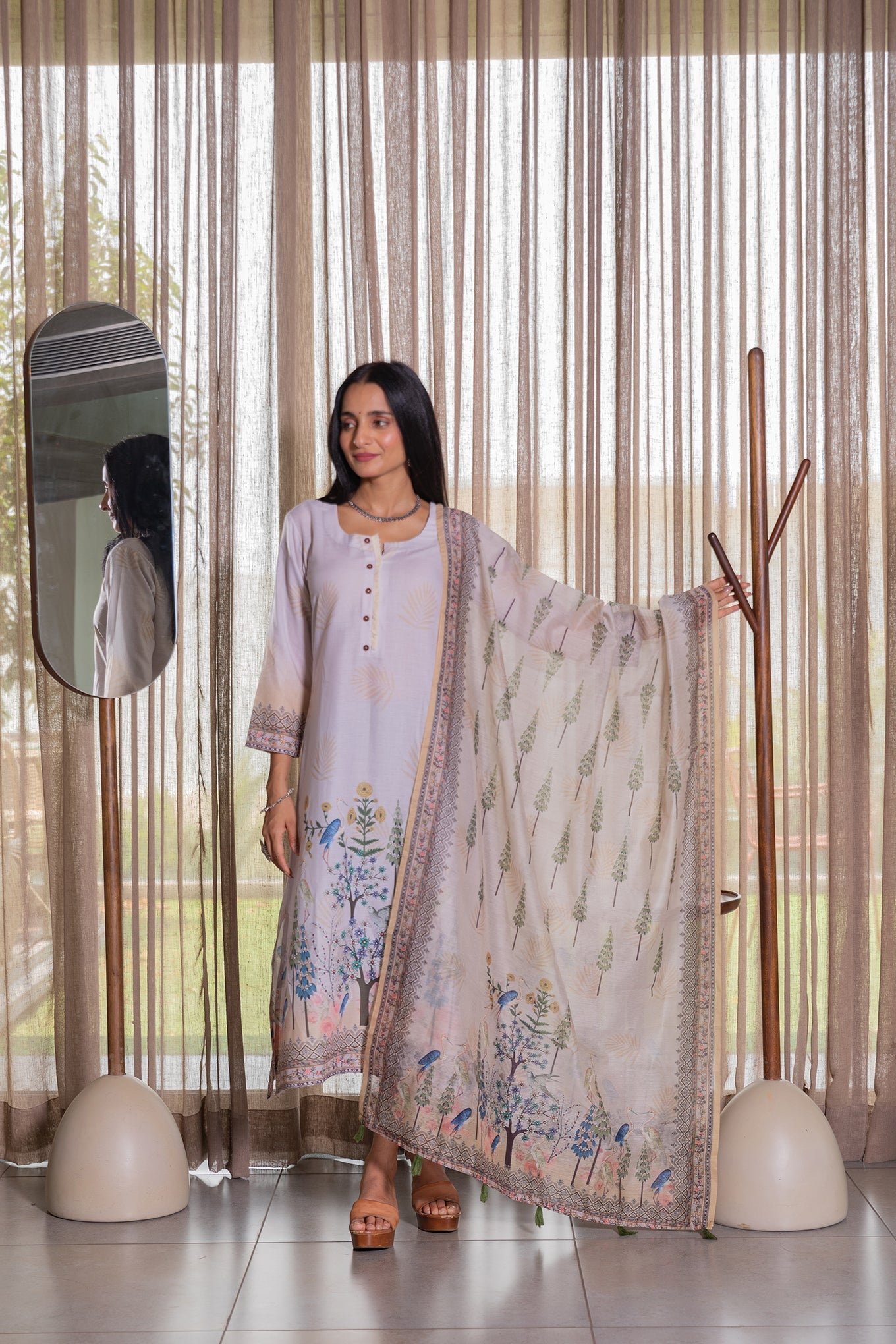 Elegant Snow-White Peacock Chiffon Dupatta