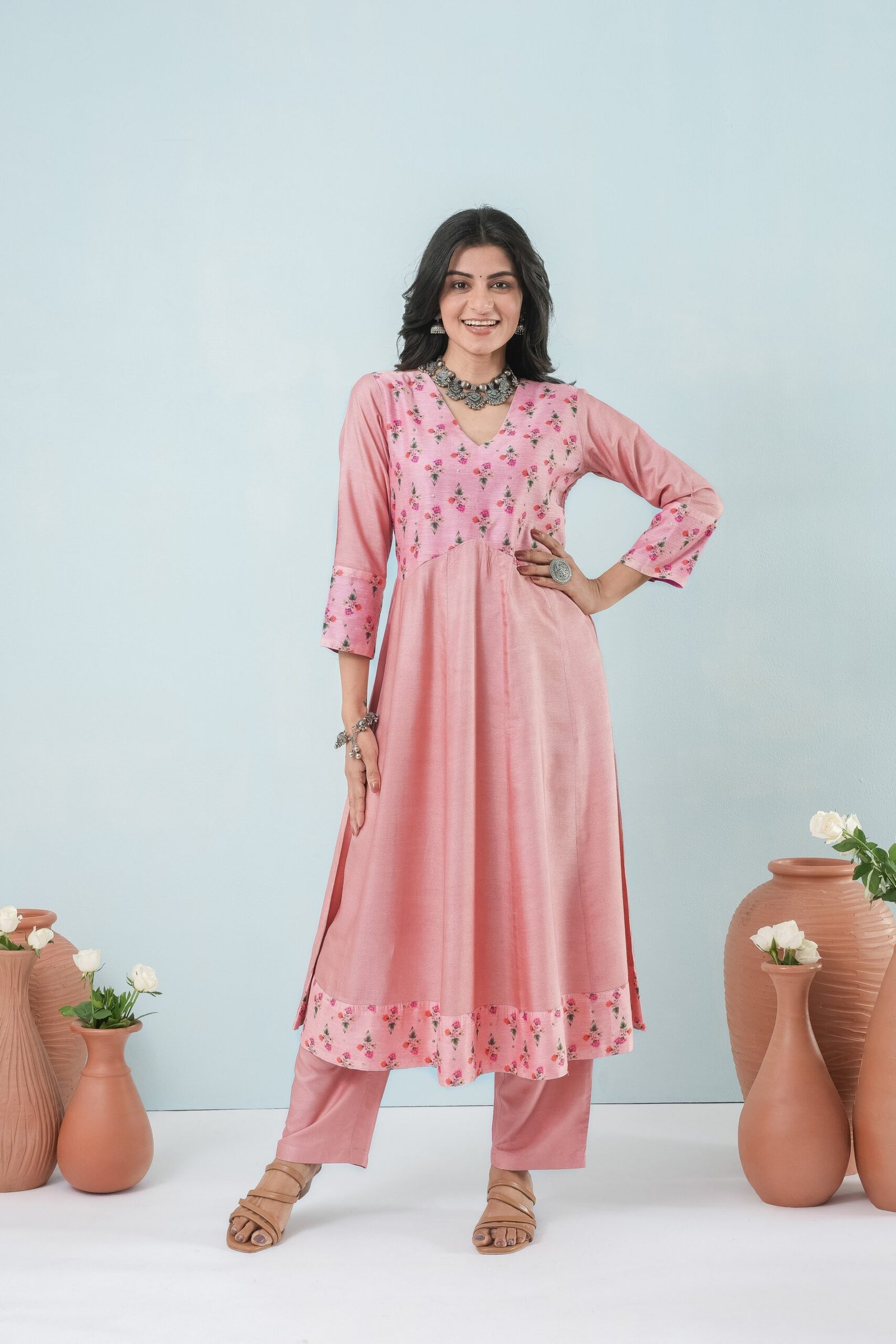 Elegant Rose Blush Bhagalpuri Ensemble - Image 3