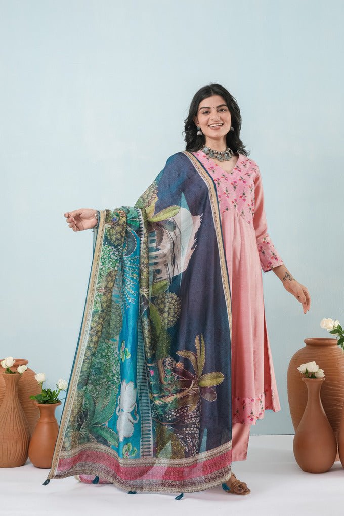Elegant Rose Blush Bhagalpuri Ensemble