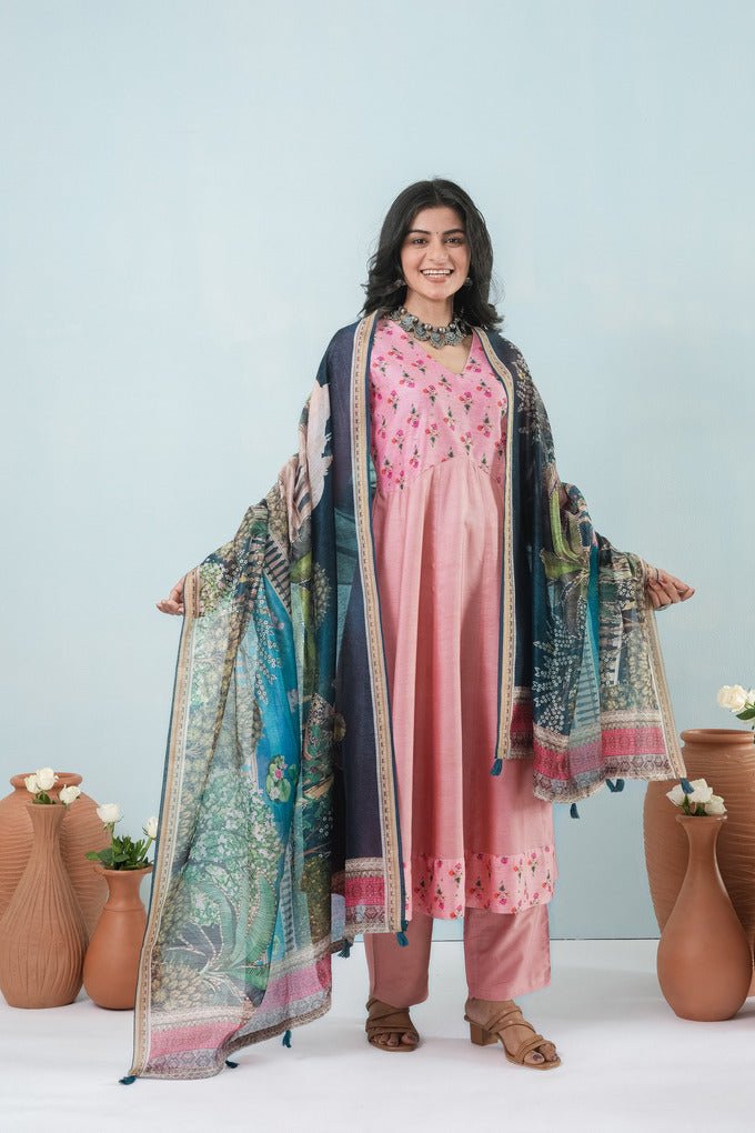 Elegant Rose Blush Bhagalpuri Ensemble - Image 5
