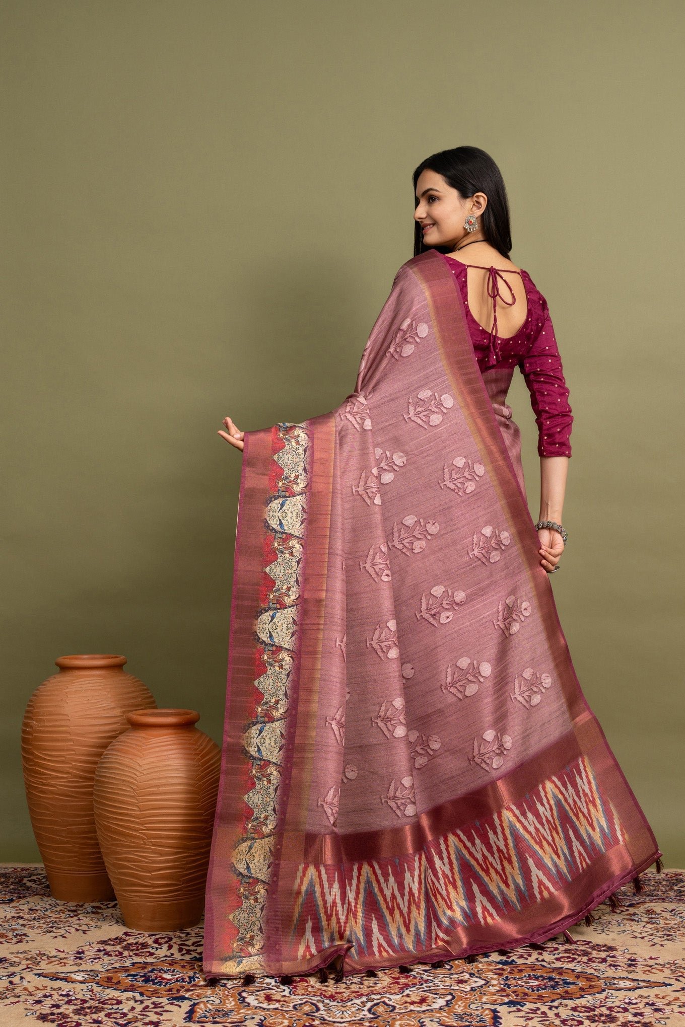 Elegant Roselle Floral Ikat Saree - A Stunning Statement Piece - Image 4
