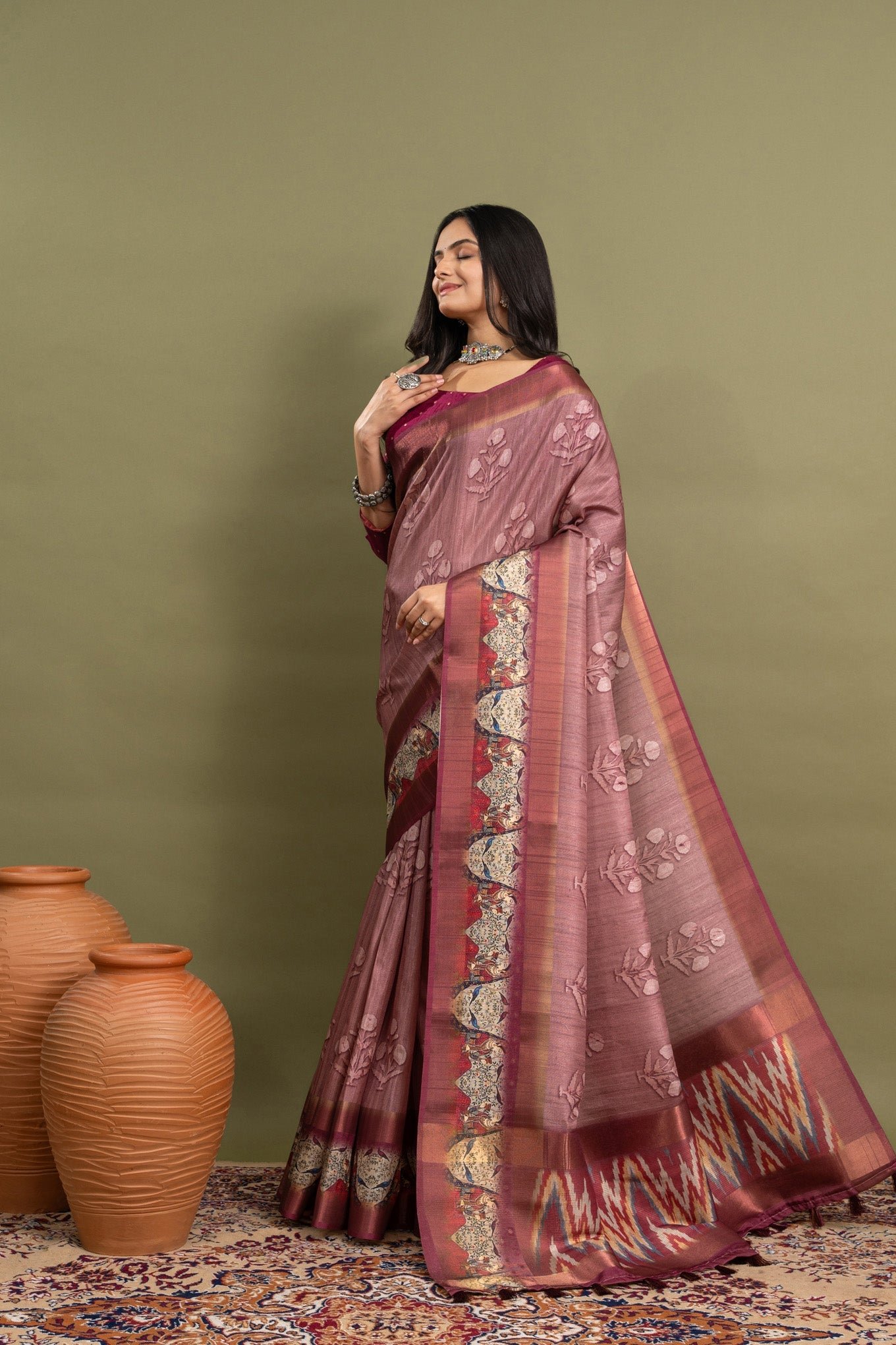 Elegant Roselle Floral Ikat Saree - A Stunning Statement Piece