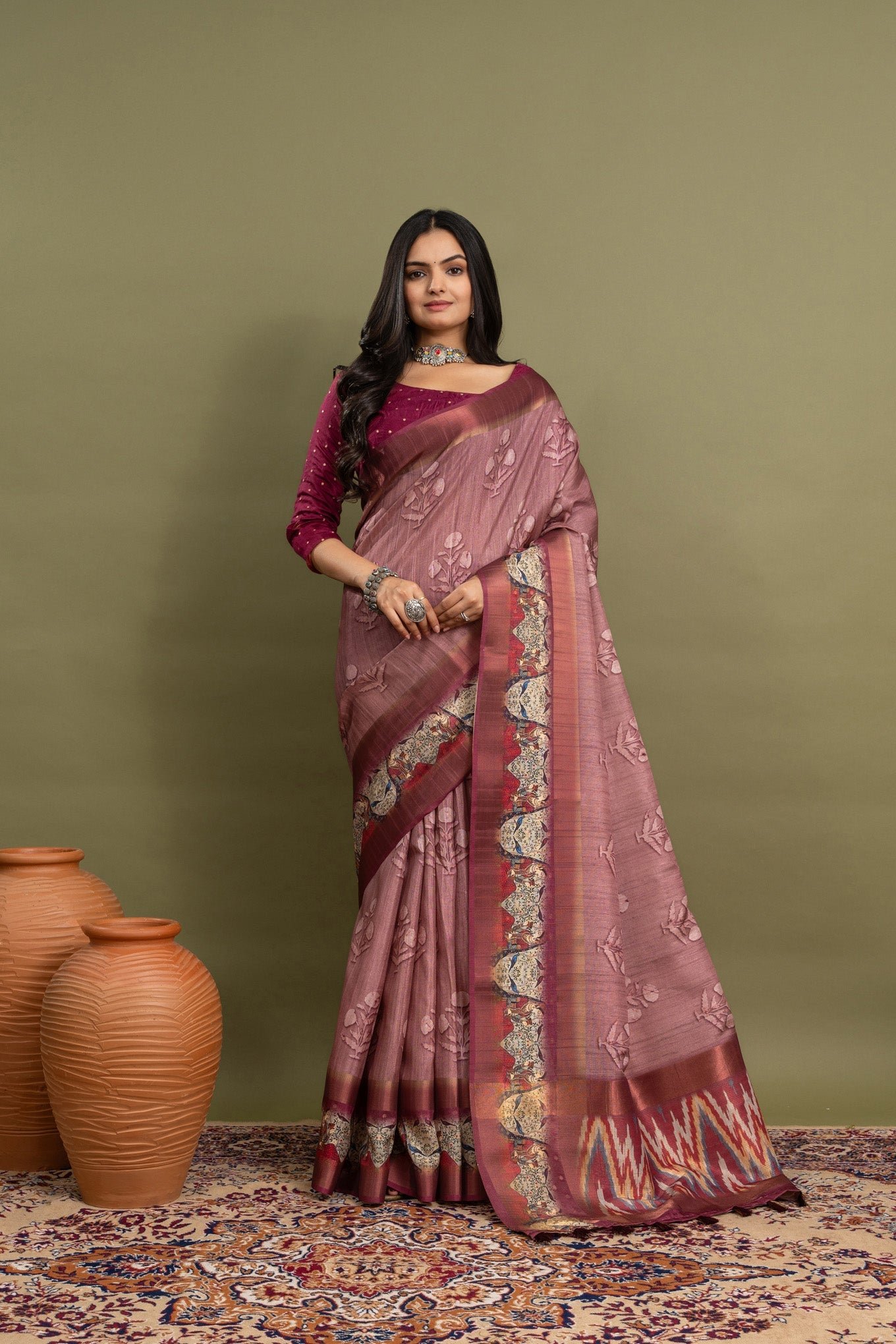 Elegant Roselle Floral Ikat Saree - A Stunning Statement Piece - Image 3